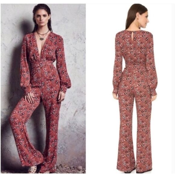 Free People Sz 0 Some Like It Hot Jumpsuit Rust Floral Print Western Boho Hippie - Picture 1 of 16